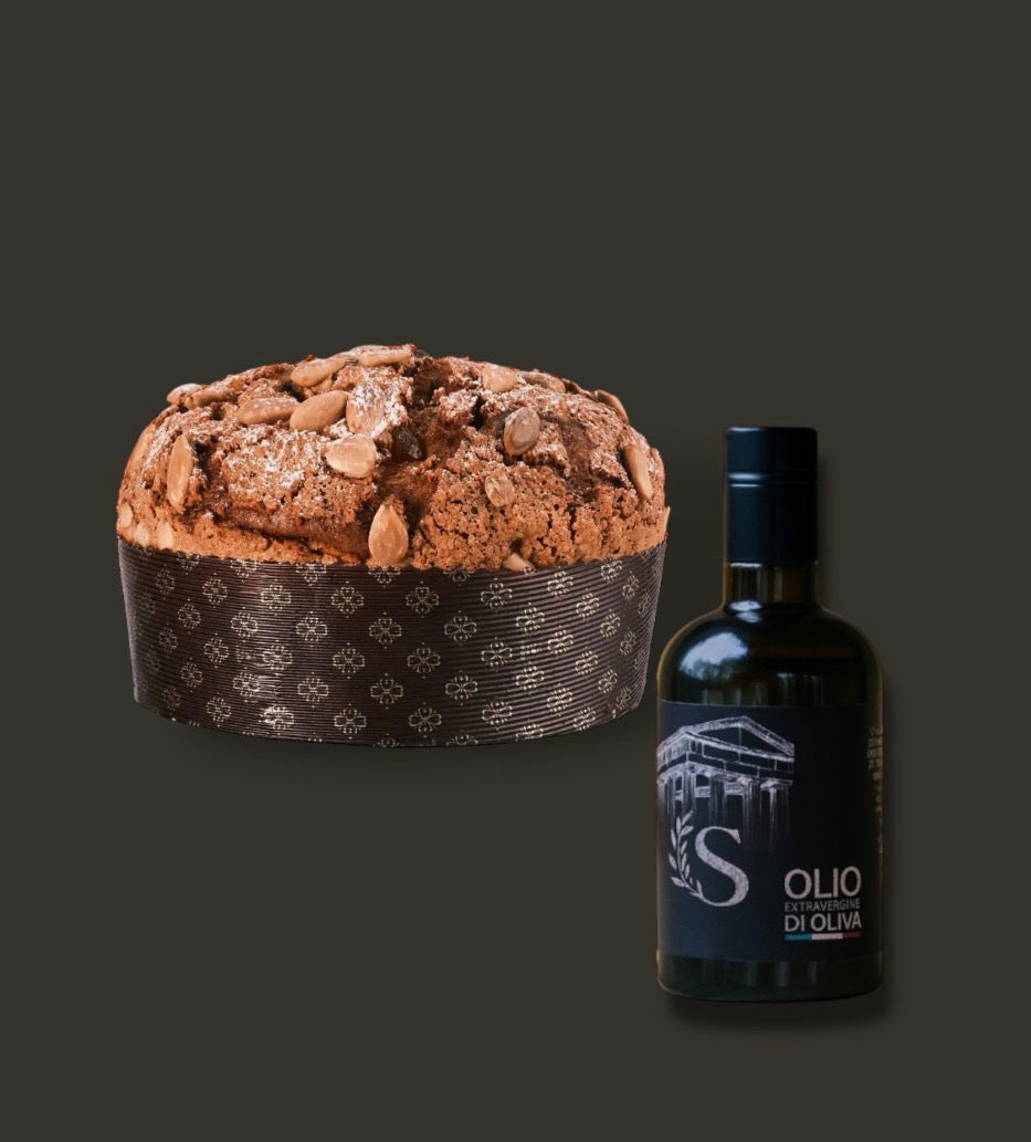 Handwerklich hergestellter Panettone, bestreut mit Kristallzucker und Mandeln, gefüllt mit Orangen, Rosinen und kandierten Früchten, 1,1 kg + 1 Flasche (500 ml) natives Olivenöl extra