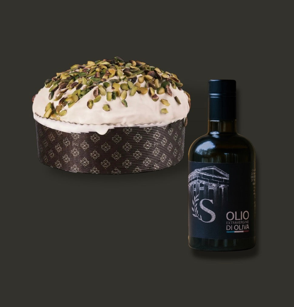Handgemachter Panettone mit weißer Schokoladenglasur und gehackten Pistazien, 1,1 kg Pistaziencreme im Spritzbeutel + 1 Flasche (500 ml) natives Olivenöl extra