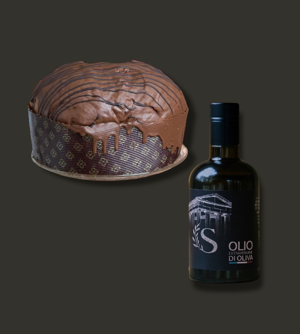 Handwerklich hergestellter Panettone mit Schokoladenüberzug 1,1 kg + 1 Flasche (500 ml) natives Olivenöl extra